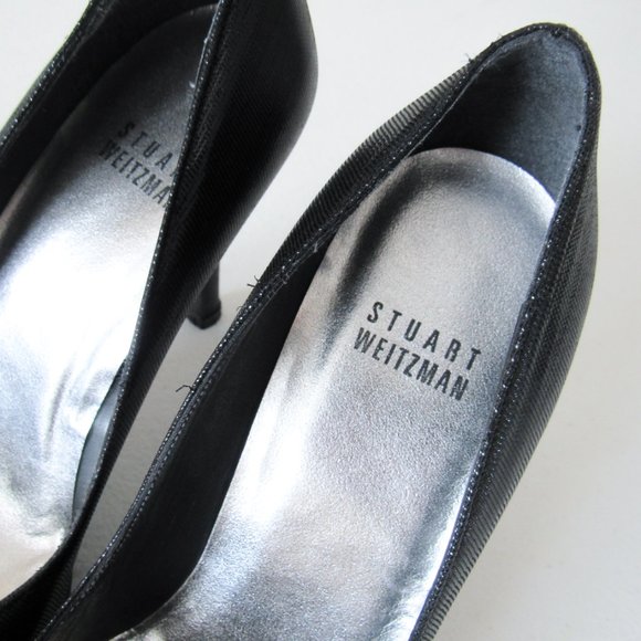 STUART WEITZMEN Classic Black Pointed Toe Pumps Crystal Charm Fringe Heels - Picture 6 of 15